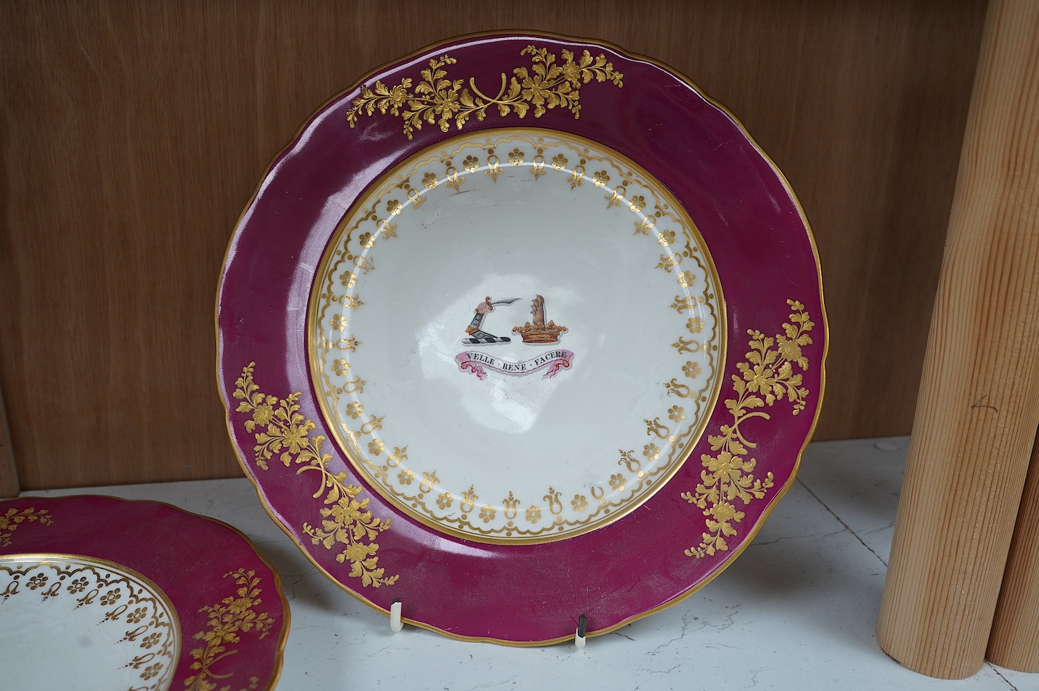 A pair of French armorial plates, Daniell London, 26cm in diameter. Condition - good, some minor wear